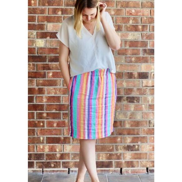 J. Crew Rainbow Stripe Linen Pull-on Knee-Length Skirt Pockets AO793 Size Large - Picture 1 of 15